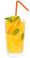 Cocktail with orange and lemon juice with ice cubes