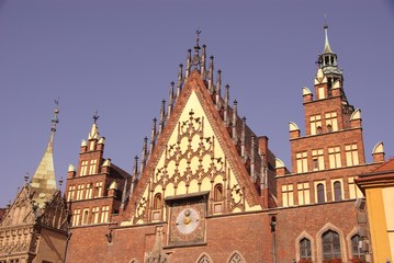 A detail of the historic city hall in Wroclaw in Poland