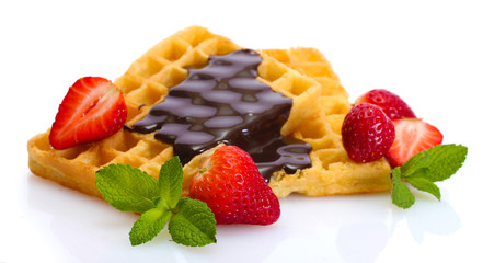 belgium waffles with strawberries and mint  isolated on white
