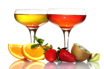 fruit jelly in glasses and fruits isolated on white
