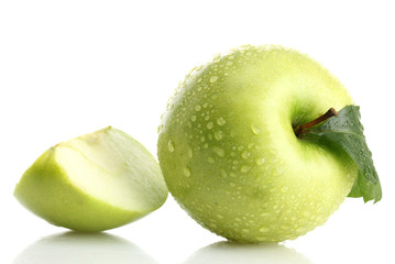 Ripe green apple with leaf and slice, isolated on white