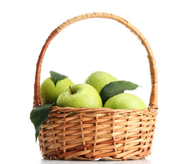 Ripe green apples with leaves in basket isolated on white