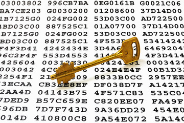 Golden key on a sheet with encrypted data