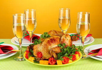 banquet table with roast chicken