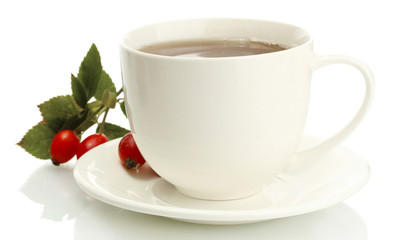cup of tea with hip roses, isolated on white