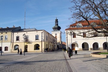 ancient market square and belfry of church in Krosno - obrazy, fototapety, plakaty