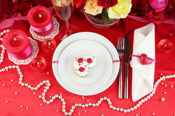 Table setting in honor of Valentine's Day close-up