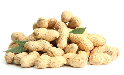 tasty peanuts with leaves, isolated on white