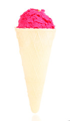 Scoop of the strawberry ice cream in the waffle cone isolated