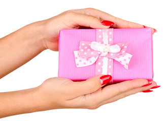 woman holds  box with gift on white background close-up
