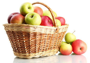 juicy apples in basket, isolated on white