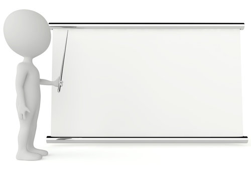 3d humanoid character with a empty signboard