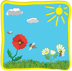 Fototapeta na wymiar Childish greeting card with flowers,sun, bees