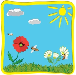Küchenrückwand glas motiv Kindliche Grußkarte mit Blumen, Sonne, Bienen © Tuja