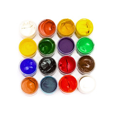 Many cans with different paints, gouache on white background