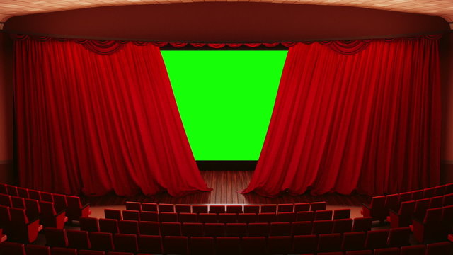 Opening red cinema theatre curtains.