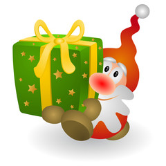 Schnuckeliger Weihnachtswichtel trägt Weihnachtsgeschenk