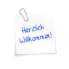 Notizzettel weiß mit Büroklammer - Herzlich Willkommen!