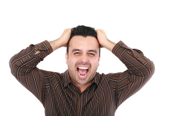 Man screaming at the camera, close up head and shoulders