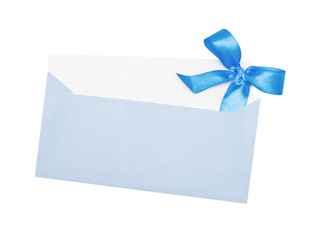 blue paper envelope with bow isolated on white background