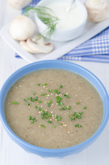 Bowl of mushroom soup with fresh mushrooms and dill closeup