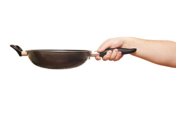 frying pan in hand on white background