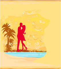 silhouette couple kissing on tropical beach
