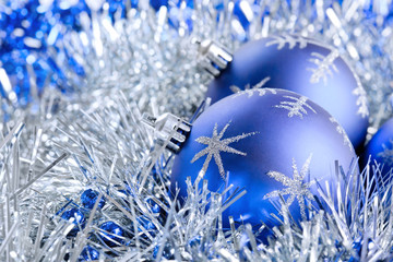 blue christmas balls with tinsel