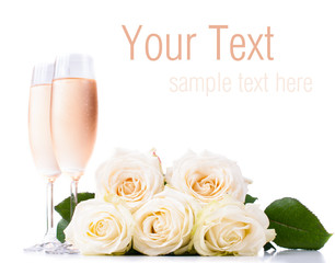 champagne and a bouquet of roses, ready template