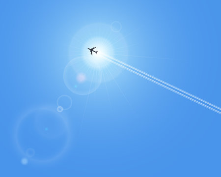 Realistic vector sun and airplane with lenses flare. No mesh.