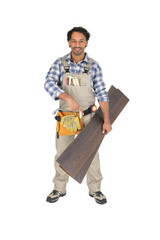 Woodworker pointing to laminate flooring