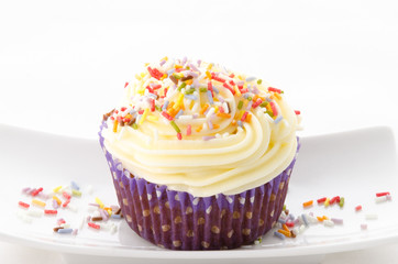 one cupcake buttercream on a plate and sprinkles