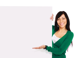 Young woman with blank board banner