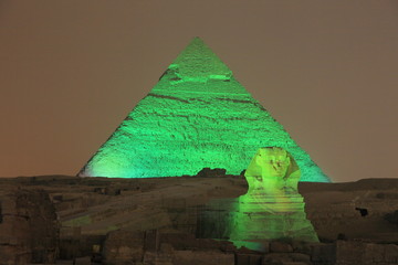 Giza pyramid and Sphinx at night, Eygpt © mary416