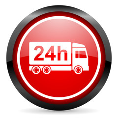 delivery 24h round red glossy icon on white background