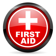 first aid round red glossy icon on white background