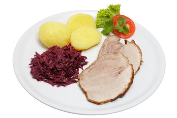 Schweinebraten, Klöße, Rotkohl