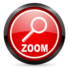 zoom round red glossy icon on white background