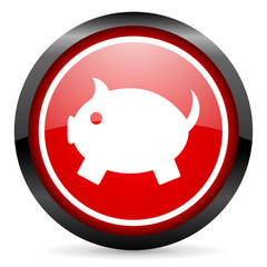 piggy bank round red glossy icon on white background