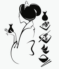 vector image of Japanese girl with traditional food