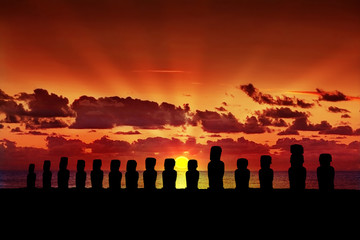 Fifteen moai at sunset in Easter Island