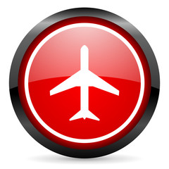 airplane round red glossy icon on white background