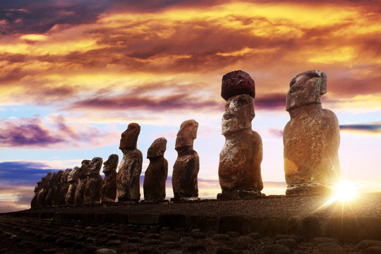 Standing moai in Easter Island at sunrise