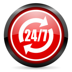 24/7 service round red glossy icon on white background