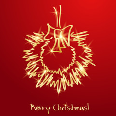 Golden Christmas wreath on a red background
