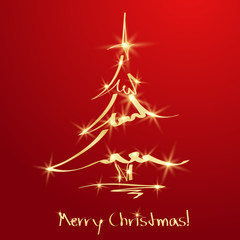 Golden Christmas tree on red background. Sketch - 47091310