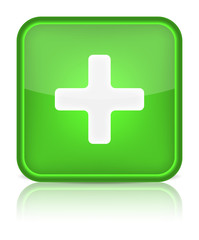 Green glossy web button with addition sign.