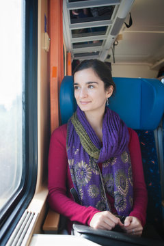 Portrait of a young woman traveling by train