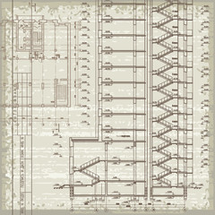 Grunge architectural background with plan and section. Eps10