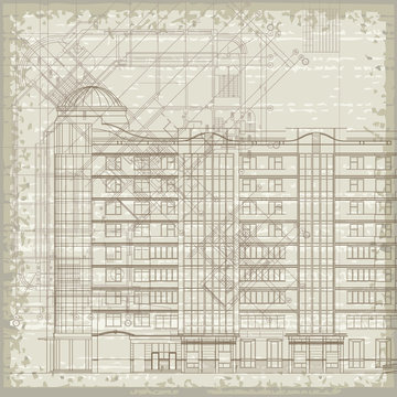 Grunge architectural background with plan and facade. Eps10
